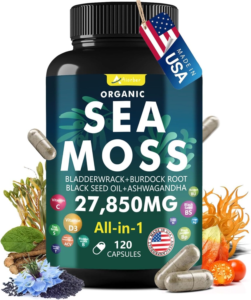 Mořský Moss Kapsle Komplex s Moss Moss, Black Seed Oil, Aşhwagandha, Ginger & Vitamíny C, D3-120 Kapsle, Superfood doplňky - Advanced Seamoss Pills, Wild Moss Pills, Made in USA