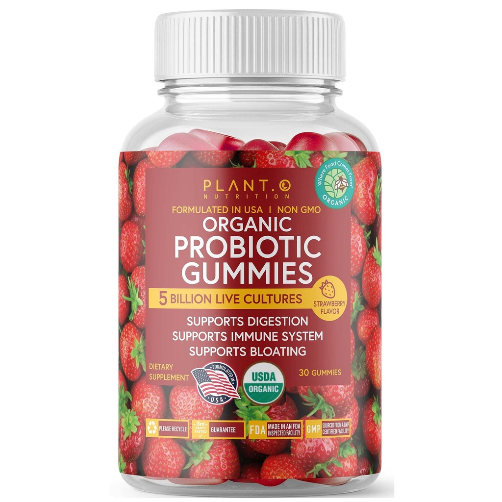 Plant.O Organické probiotické gumy pro ženy, muže a děti [5 miliard CFU USDA Certified] Nápověda Podpora trávení, nafouknutí, zácpa a imunitní systém, Jahodová příchuť, 30 Žvýkací Probiotika