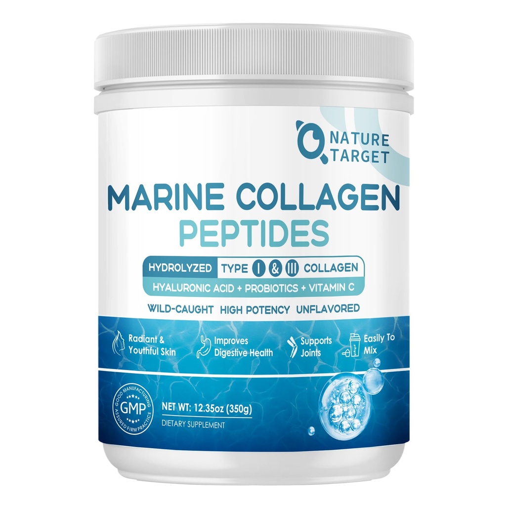 NATURE TARGET Marine Kolagen Peptidy Powder - typ I & III Kolagen s probiotiky, vitamín C & Hyaluronic acid for skin, hair, nehty, Wild-Caught Fish & Grass- Fed Bovine, 35 Servings