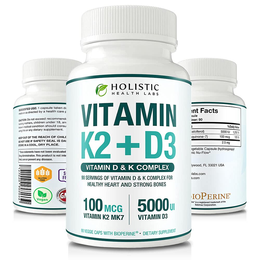 Max Absorpce Vitamin K2 + D3 (5000IU) 90 Veggie Kapsle z MK- 7 (Menachinone- 7) a Cholekalciferol (s BioPerine) 3- Months Supply - D3 s K2 pro zdravé srdce a silné kosti 124; Non- GMO