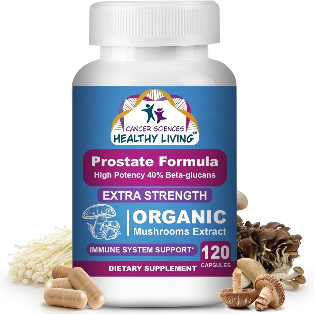Cancer Sciences Prostate Wellness doplňky pro muže, USDA Certifikované organické houby Extract, Extra síla 1500 mg, vysoká potence 40% Beta- glukans, imunitní, anti- aging, Antioxidanty, 120 Kapsle
