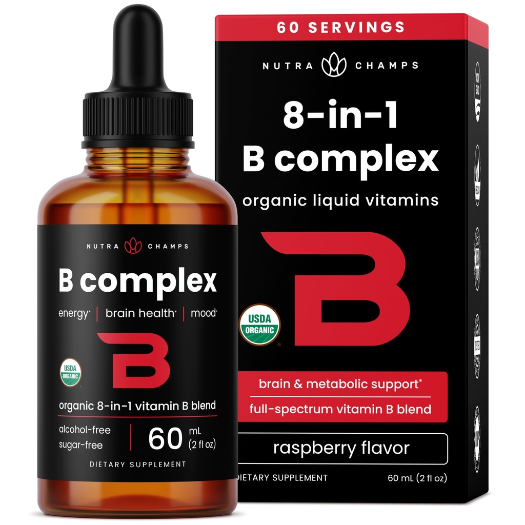 USDA Organic Vitamin B Komplexní kapalné kapky 124; B Vitamíny Komplexní dodatek s B1, B2, B3, B6, B7, B9 & Methyl B12 Kapky pro dospělé a děti 124; Vegan Berry Flavor 2oz Gul124; 60 Servings / 2 Měsíční dodávky