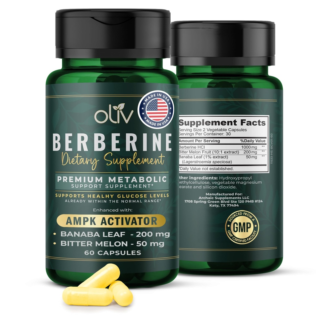 Oliv Pure Berberine Dodatek Kapsle - Berberine HCI 1000mg - Přírodní Metabolická podpora s 200mg Bitter Melon Fruit Extract a 50mg Banaba Leaf - 2 Veggie Kapsle Denní (30 Servings)
