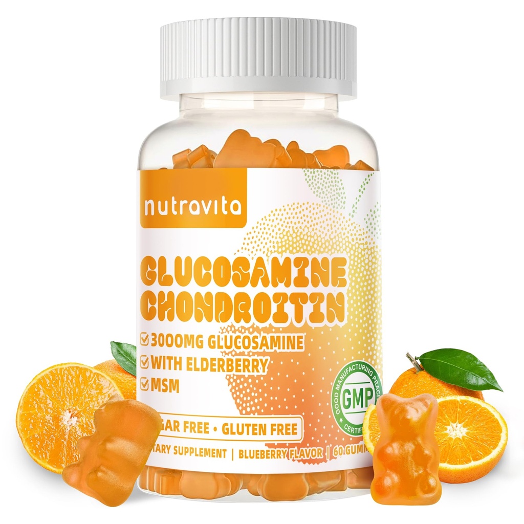 Nutravita Glucosamine Chondroitin Gummies s MSM & Elderberry Extra Strength - Společná podpora, Antioxidant Imunitní Supplement pro dospělé, Muži & Women.60 Orange Chews