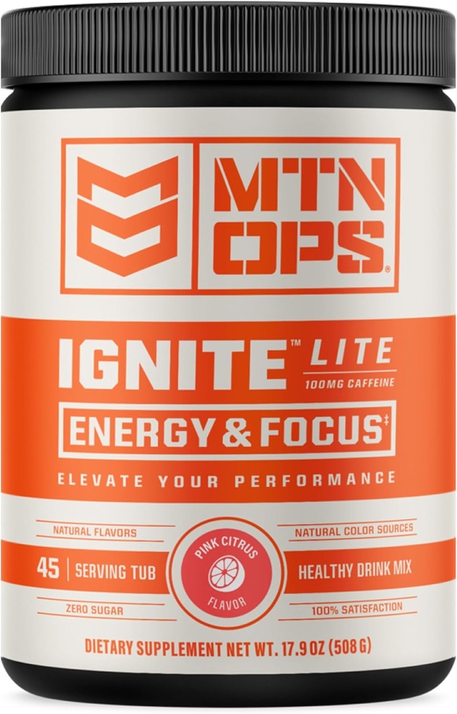 MTN OPS Ignite Lite Energy Drink Powder Gluten Free Nitric Oxide Supplement Drink Mix, L Arginin, L Citrulline, Kofein & Nootropní cukr Free Drink Mix, 45 Servings, Pink Citrus