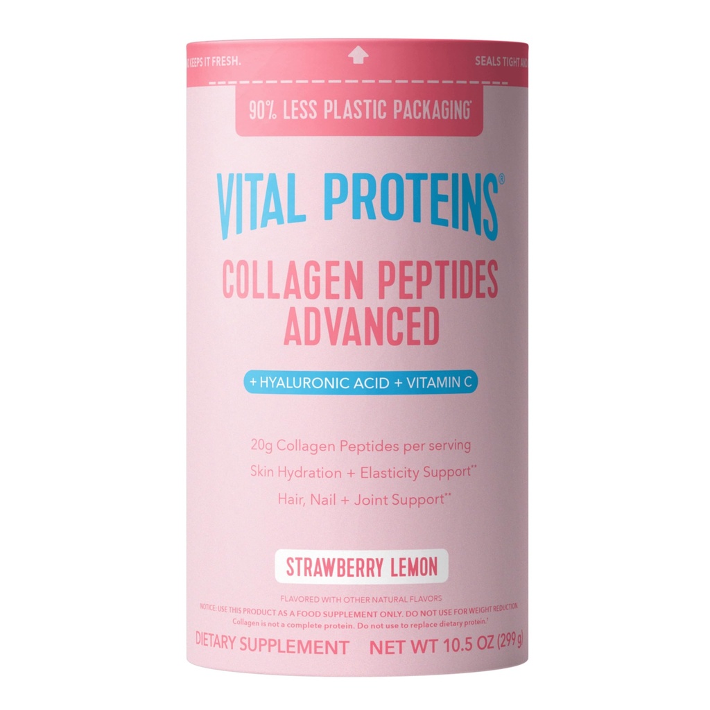 Vitální proteiny Kolagen Peptides Advanced, Hydrolyzované Peptidy s kyselinou hyaluronovou a vitaminem C - Jahodový Lemon Flavor Powder, 10.5oz