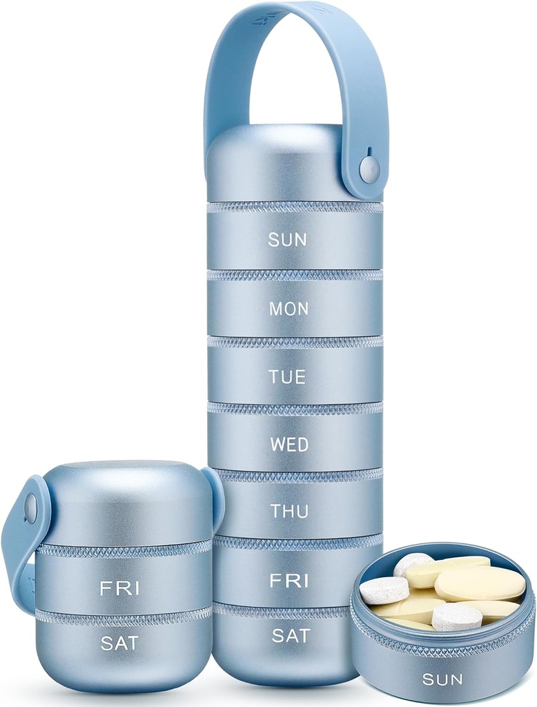 Zannaki Metal Týdenní Pill Pořadatel, Velká cestovní Pill Box 7 Day, Vodotěsný Denní Pill Pouzdro s Silicone Handle, Hliníkový Alloy Přenosný Držák pilulek Kontejner pro vitamín, Medicína, Dodatek, Prášky