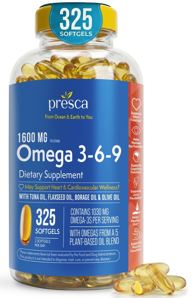 Omega 3-6-9 Dietní dodatek (325 ct.) - Podpora vizuální funkce a oční zdraví - Podpora srdce, kardiovaskulární zdraví, Zdravá pleť, vlasy a celkové zdraví (Omega 3-6-9)