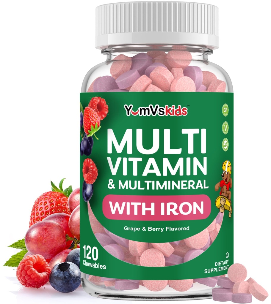 YumVs Děti Multivitamin s železnými a minerálními žvýkací tablety - Grape & Berry Flavor Vitamíny pro Toddlers & Children Věk 2 + - Denní multivitamin pro imunitní podporu - Kosher, Non- GMO - 120 Chewables