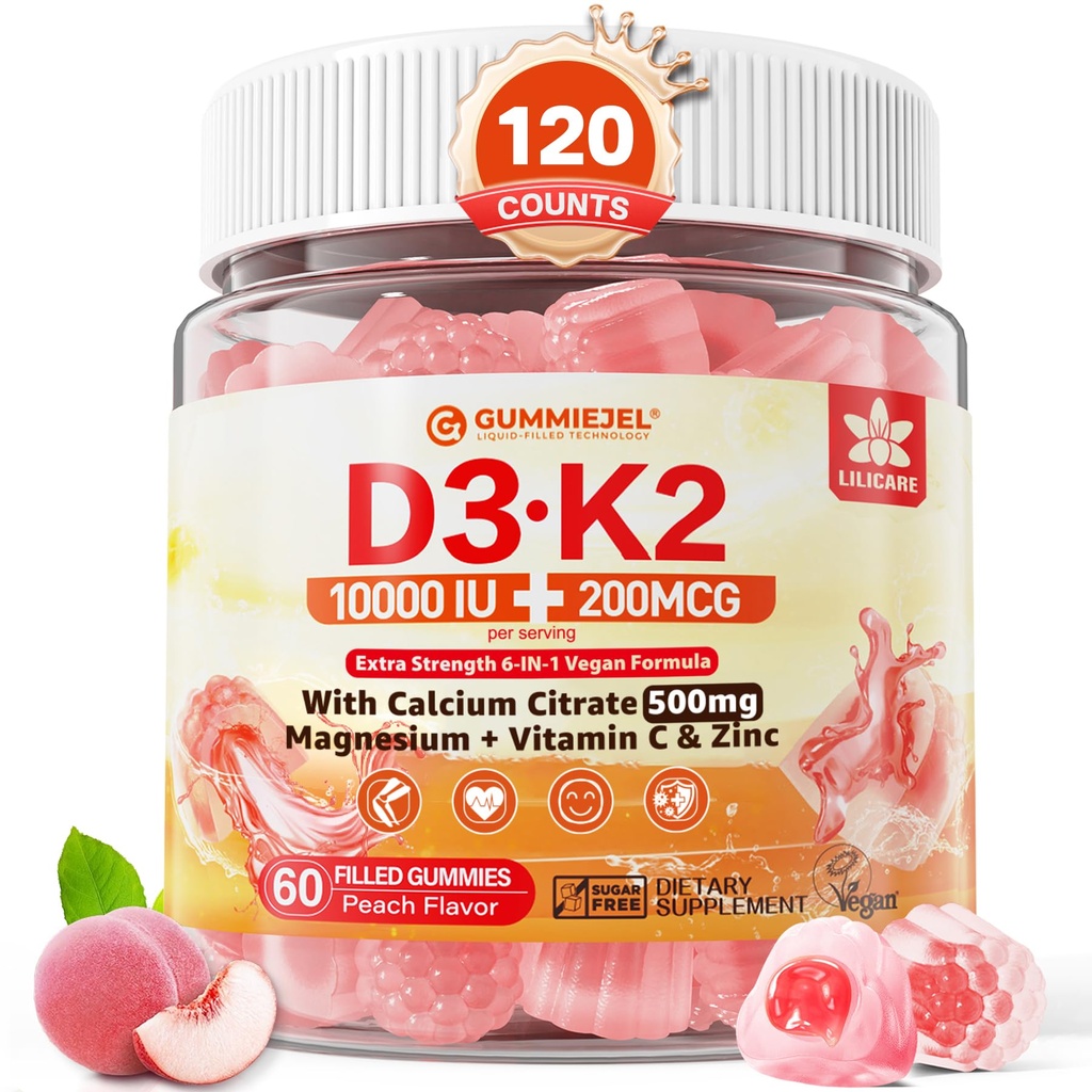 Vitamin D3 K2 Plněné gumy 5000IU / 10 000 IU s 500 mg vápníku + K2 (MK-7) 200mcg, hořčík, vitamin C & zinek, Extra síla - Ultimate Absorbency for Bones Muscles Teets, Vegan -- Balení po 2 ks
