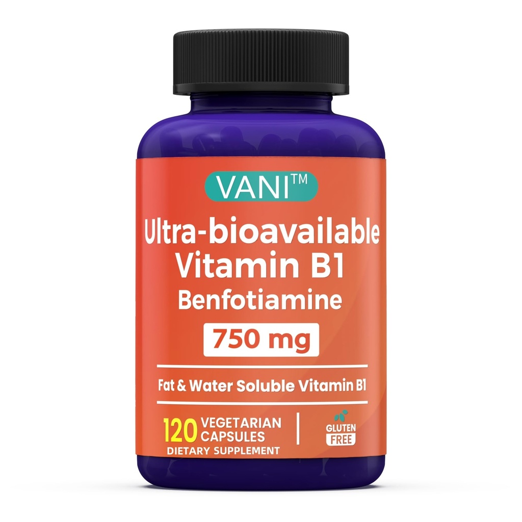 VANI 750MG Benfotiamin s B1, 5X Time Fat & Water Soluble Thiamin B1 Dodatek - Testováno třetí stranou, No Gluten (120 Kapsle)