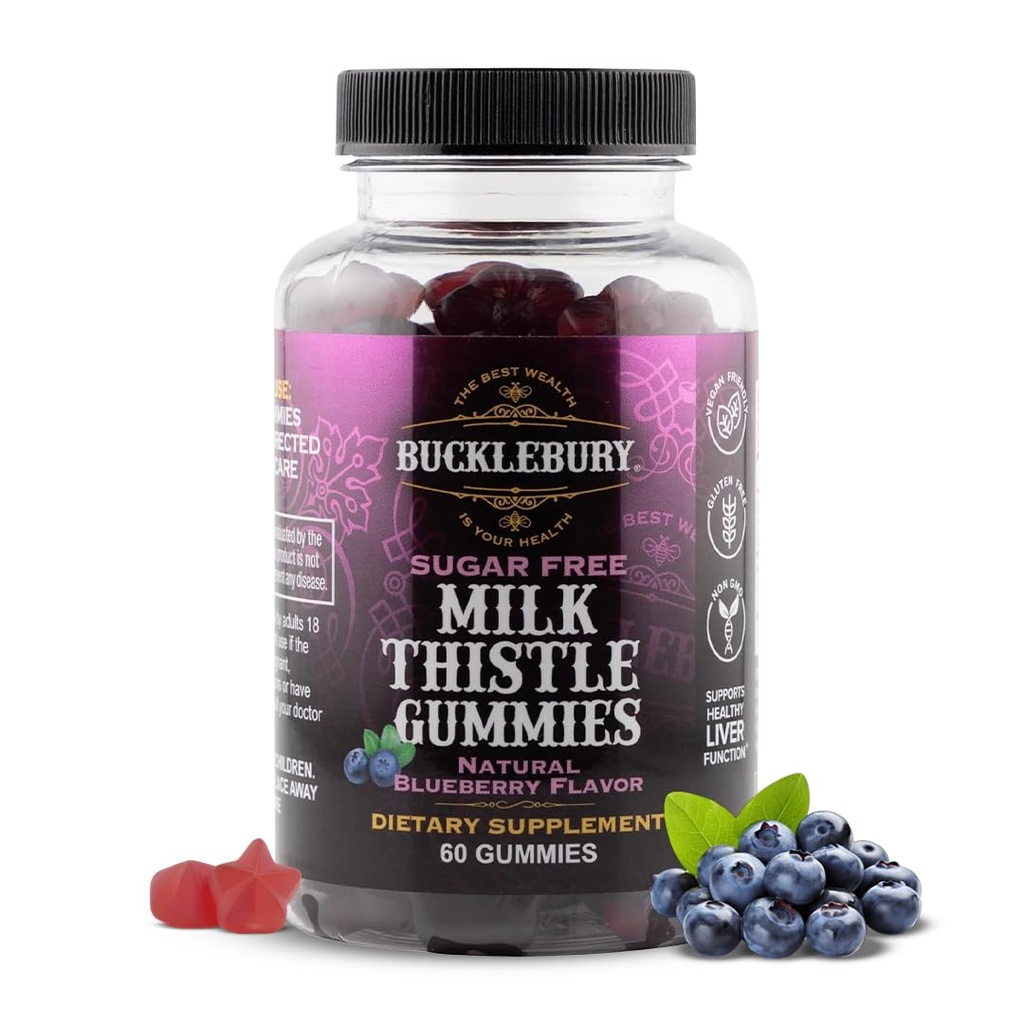 Bucklebury Sugar- Free Milk Thistle Gummies 1000mg s přírodní borůvkové Flavor - Vegan, gluten- Free, Non-GMO Natural Milk Thistle Dodatek pro zdraví jater, imunita a antioxidant Podpora -60 Počet