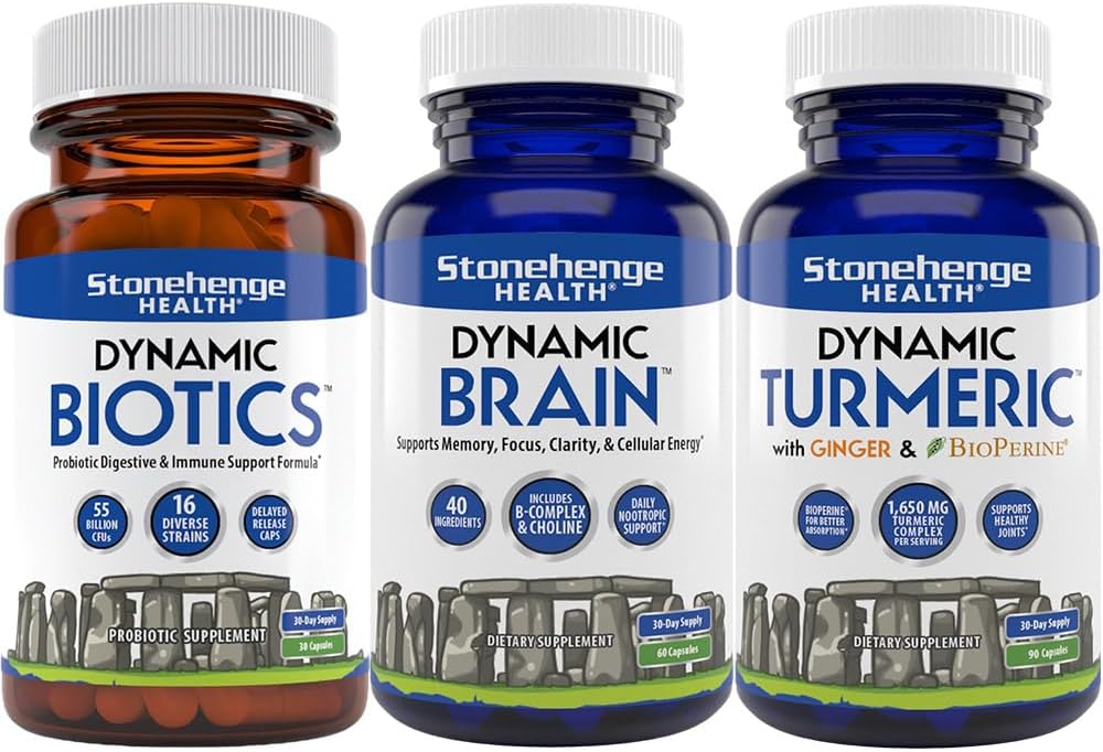 Stonehenge zdraví Dynamic Biotics Probiotic, Dynamic Brain, Dynamic Turmeric: Energy, Spojky, Digestion, Cognitive Support, Paměť, Focus, a Clarity