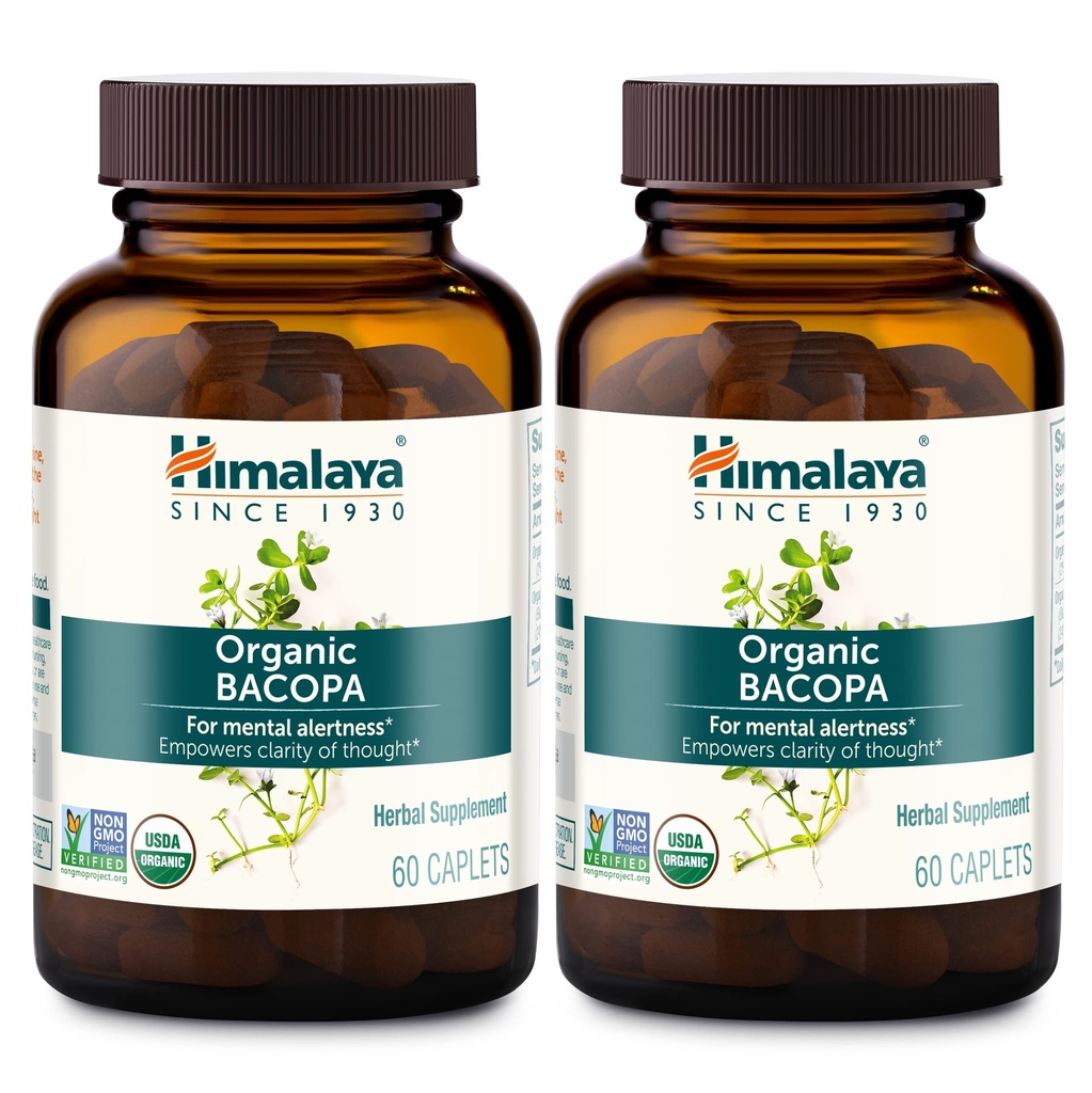 Himalaya Bacopa Monnieri Nootropní Bylinný dodatek, Duševní bdělost, Podporuje klid, paměť, rozpoznávání, USDA Organic, Non- GMO, 750 mg, 60 Plant- based Caplet, 2 Pack, 120 Day Supply