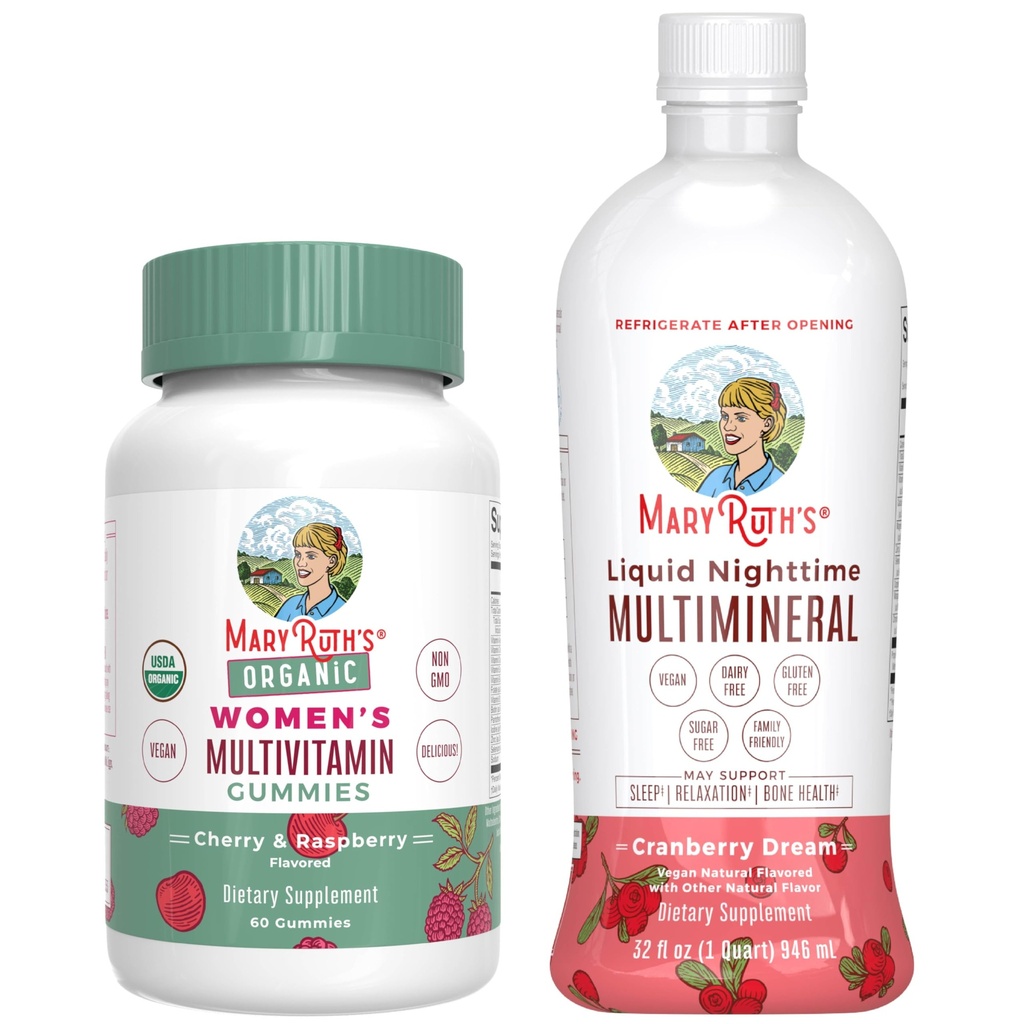 MaryRuth 's Multivitamine Gummies for Women (Cherry & Raspberry) & Liquid Nighttime Multimineral (Cranberry) Opered 124; Clean Label Project Overified ® IR 124; Vegan, Non- GMO IR 124; Beauty, Bedtime, Celkově zdraví