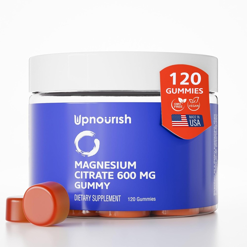 Horní hořčíkové gumy pro dospělé a děti Magnesium Citrátové gumy 600mg, Kompenzace pro svalovou relaxaci, kosti a stravitelné zdraví, Citrato de Magnesio, Vegan, Non- GMO, 120 Počet