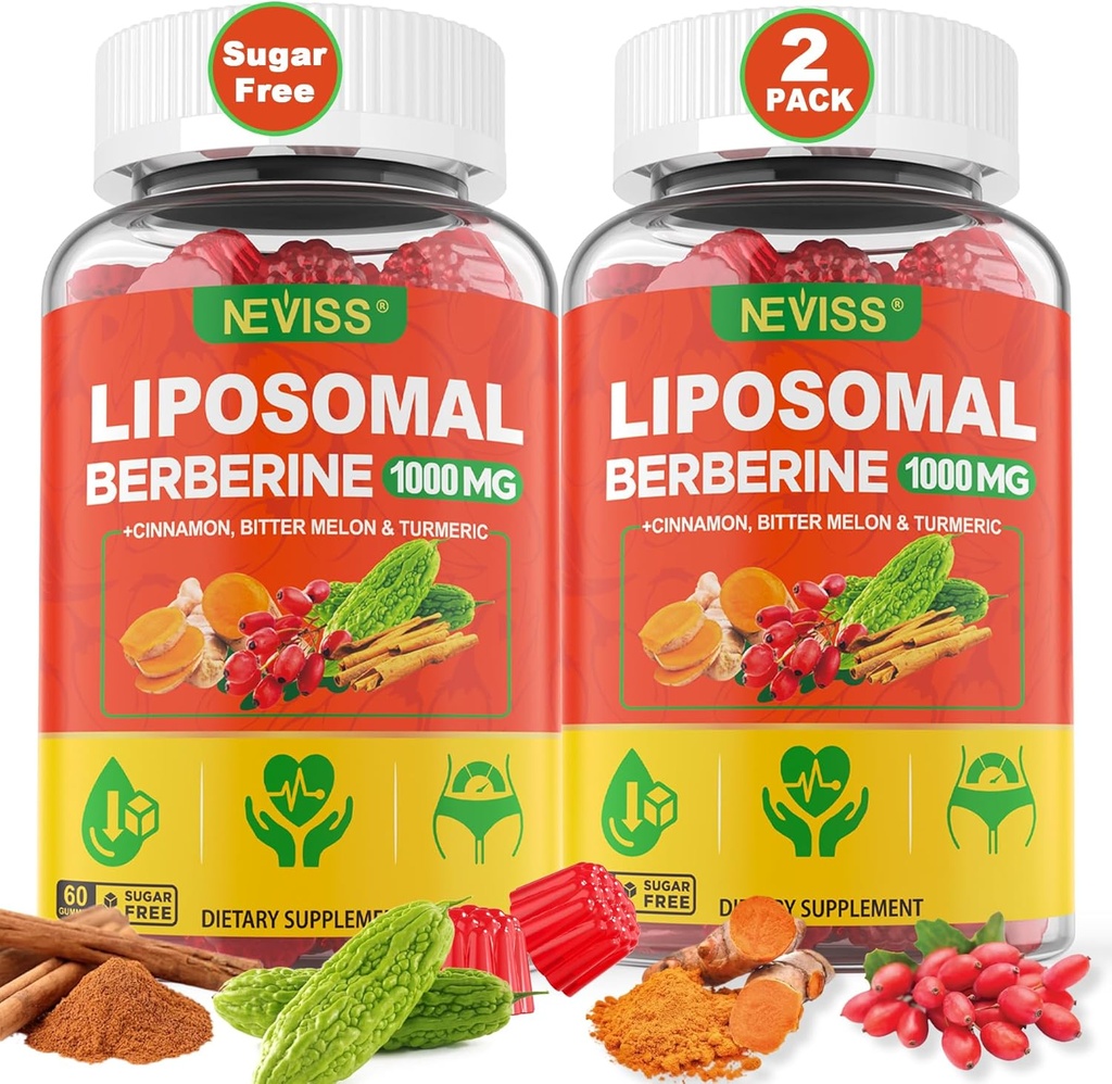 Liposomal Berberine Gummies Organic + Berberine HCL + Kurkuma, Berberine dodatek s Ceylon Skořice, Hořký Melon, Vlákna pro potravu, Artyčoky pro játra, celkové zdraví, cukr bez