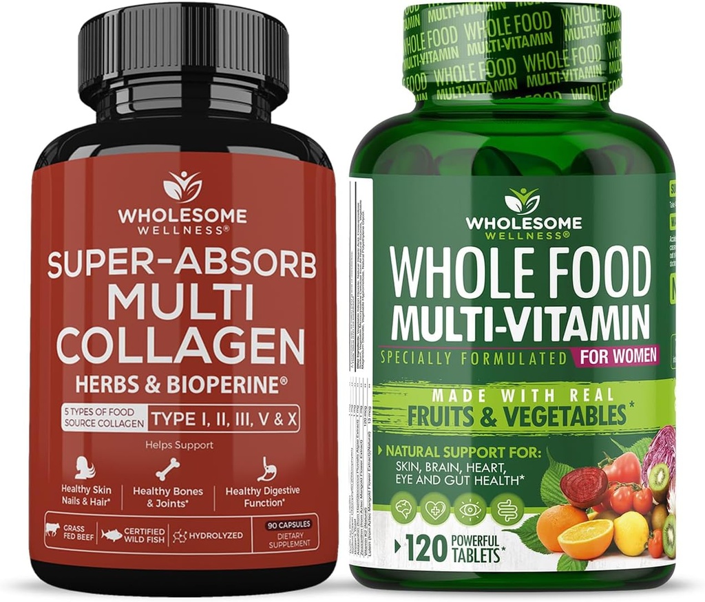 Zdravé Wellness Super- Absorb Multi kolagen pilulky (typ I II III V X) Organic Byliny a Bioperin + celé jídlo Multivitamin pro ženy - Přírodní multi vitaminy, Minerály, Organic Extracts Bundle