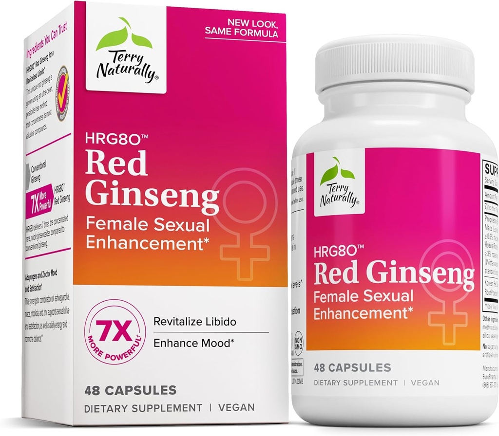 Terry Přirozeně HRG80 Red Ginseng Žena Sexuální Vylepšení - Dietní dodatek pro oběh, Endurance & Energy Support - Podpora vitality s Ashwagandha, Red Ginseng & Zinek - 48 Kapsle