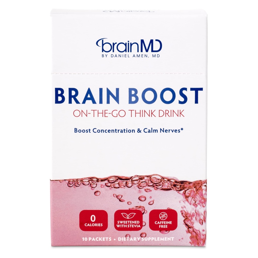 BRAINMD Dr. Amen Brain Boost On The Go - 10 Packets, Berry Flavor - Nootropic Drink Powder, Promotes Focus, Clarity & Mental Energy - kofein zdarma, gluten zdarma - 10 Služeb