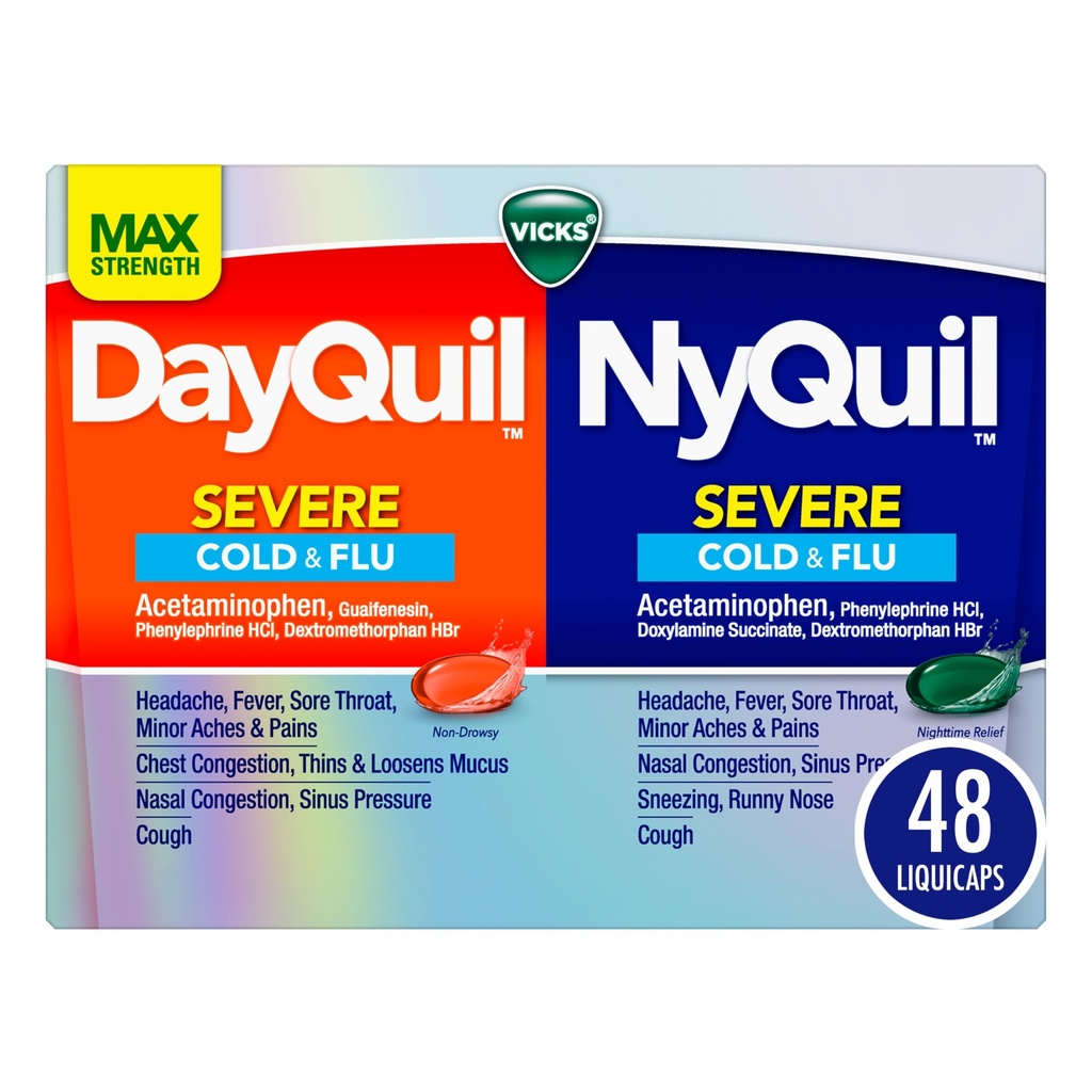 VICKS DayQuil & NyQuil SEVERE Co-Pack, Cold & Flu Medicine, Výkonná úleva pro bolest hlavy, horečka, krční hrdlo, menší obruče & páry, zácpa, Sinusový tlak, Stuffy Nose, a kašel, 48 LiquiCaps