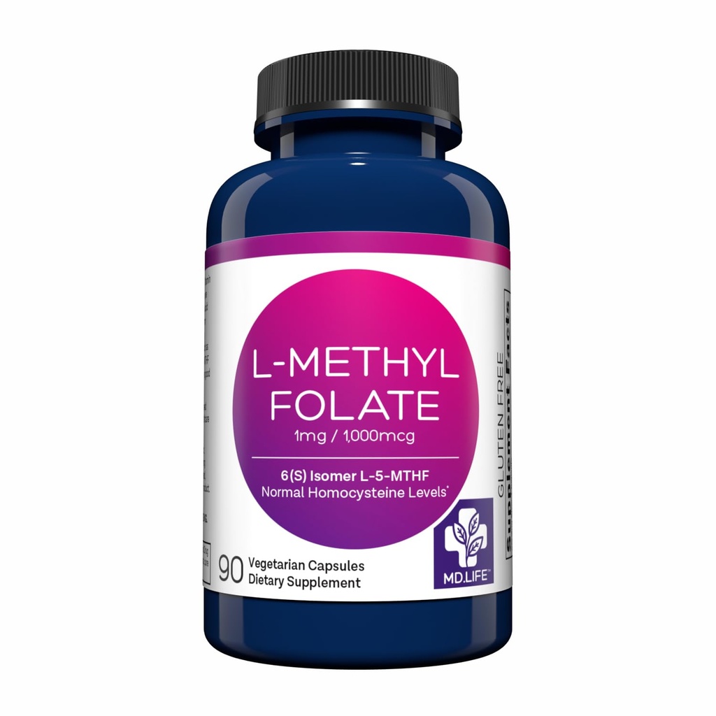 MD Life L- Methylfolát 1 mg dodatek - Professional- Grade Active L Methylfolát Dodatek - 90 Kapsle - L- Methylfolát 1mg - Maximální potence MTHFR W / Essential Amino Acids