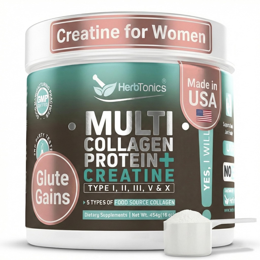 Herbtonika Creatine pro ženy 5000mg Creatin Monohydrát + Multi kolagen protein prášek (typ I, II, III, V, X) - Lean Muscle, Recovery & Kožní podpora - Grass- Fed, No Bloat, Neochucené - 30 Služeb