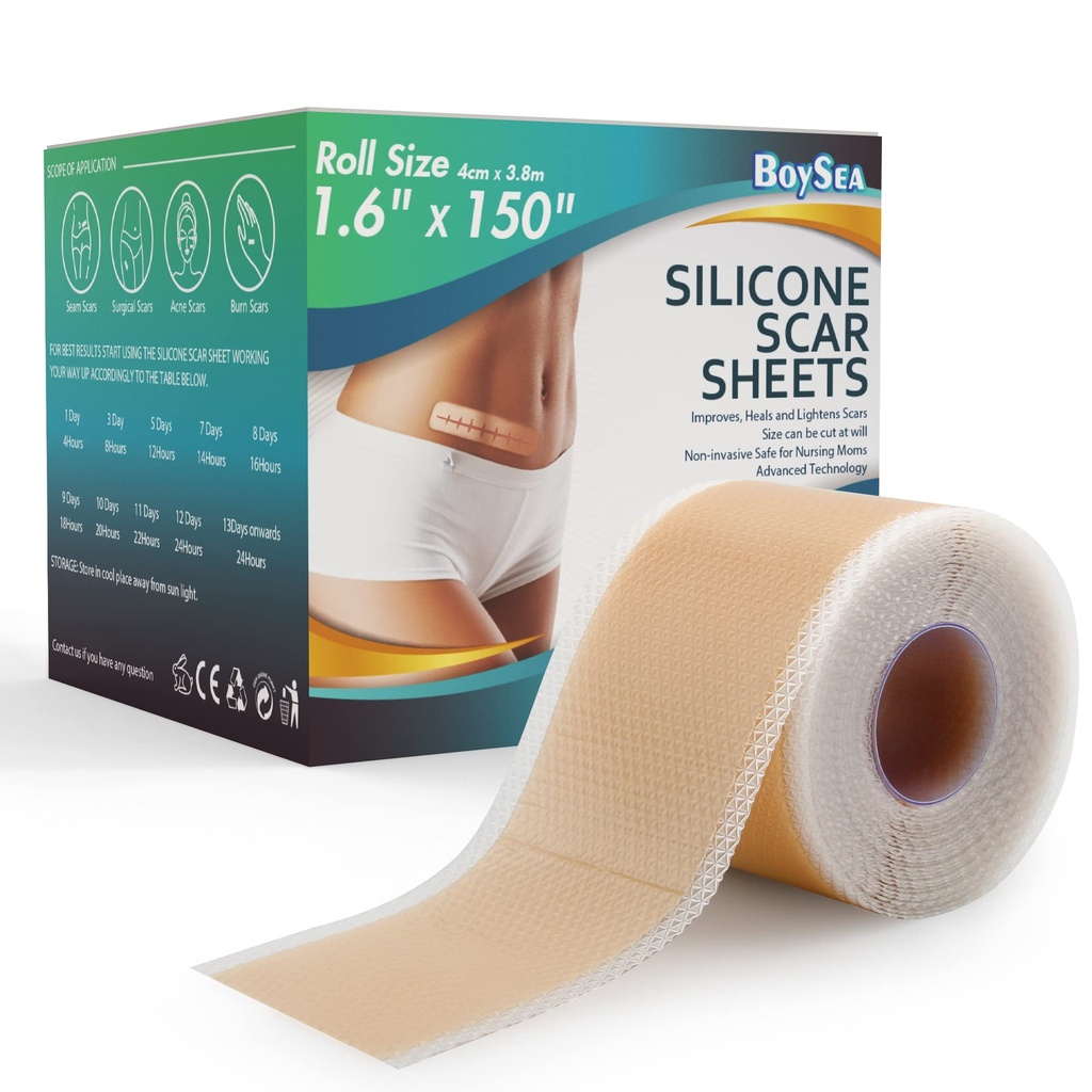 Profesionální silikonové Jiskry (1.6 "x 150" Scar Roll-3.8M) - Jiskry odstranění ošetření - opakovaně použitelné Silikonové Jiskrové pásky typ pro Keloid, C-Section, Surgery, Burn, Acne et