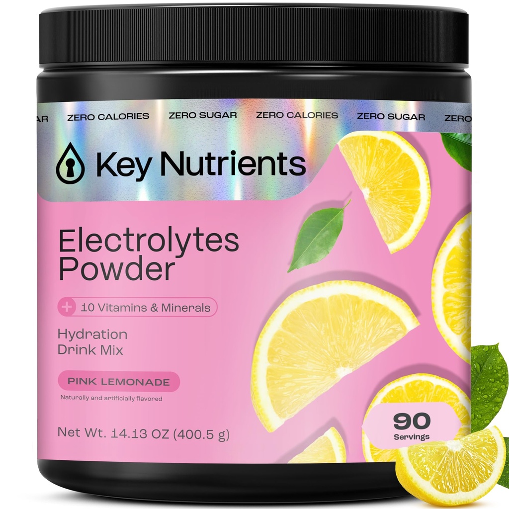 KEY NUTRIENTY Multivitamin Electrolytes Powder No Sugar - Fresh Pink Lemonade Electrolyte Powder - Endurance & Energy Supplement - Hydration Powder - No Calories - 90 Servings - Made in USA