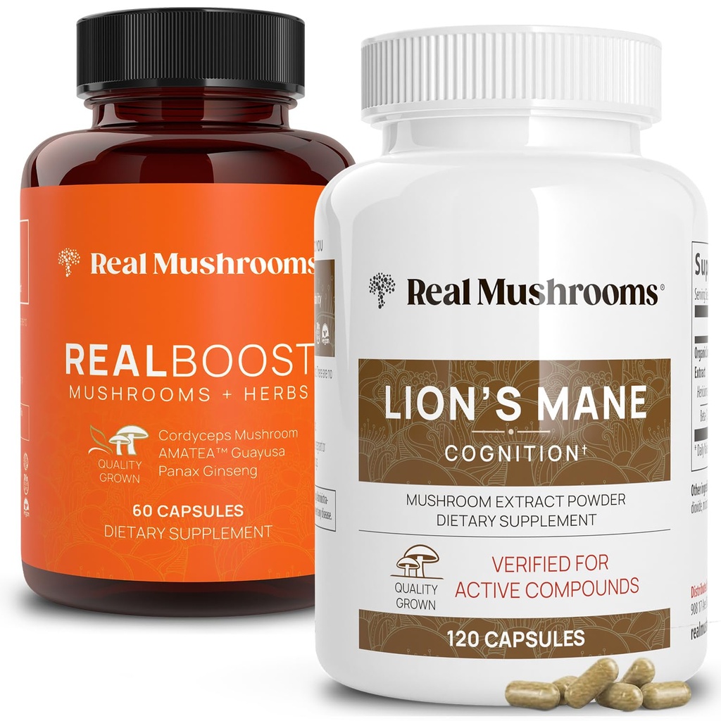 Realitní houby RealBoost (60ct) a Lions Mane (120ct) Kapsle Bundle - Houbový dodatek pro energii, vitalitu a kognitivní - Energy & Brain Vitamíny w / Cordyceps, Ginseng, Guayusa - Vegan, Non-GMO