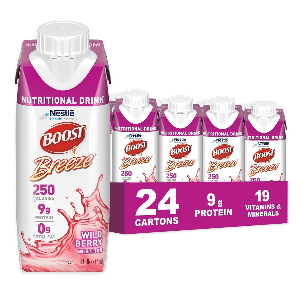 BOST Breeze Čirý nutriční nápoj - 250 kalorií - 19 Vitamíny & Minerály - 9 g protein - Pečený čirý nutriční nápoj s vitamínem A & zinek - Wild Berry Flavor - 8 fl oz (balení po 24)
