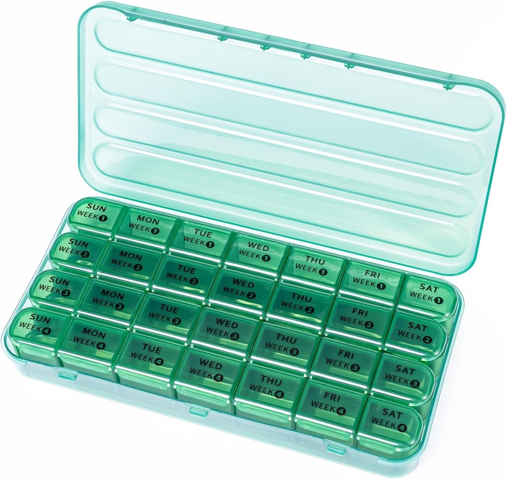 28 Den Měsíční Pořadatel pilulek - 4 týdny Pill Box 1 čas denně, 7 Den Medicine Pořadatel Box, Cestovní Pill Kontejner pro vitamín, Rybí olej (Olive Green)