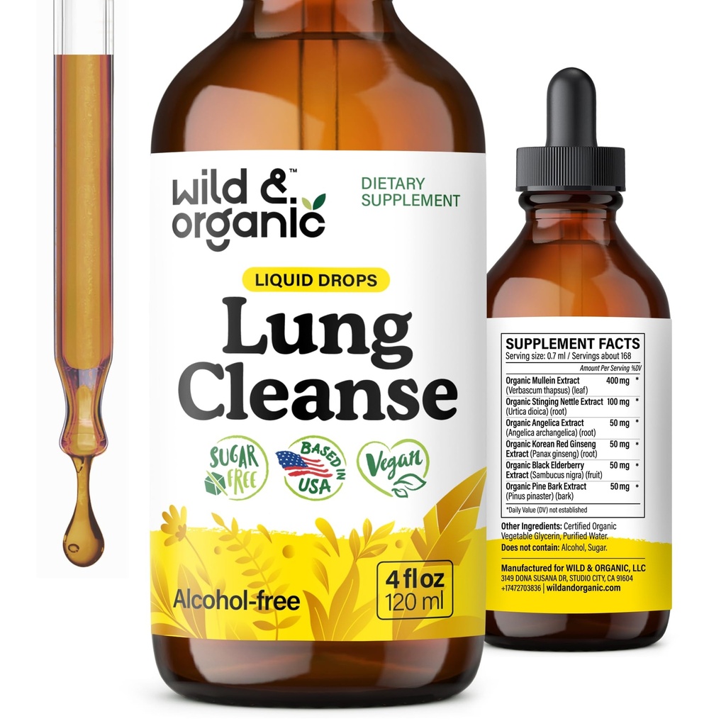 Wild & Organic Lung Cleanse Detox Tincture - Mullein Drops for Lungs - Bylinné Mullein Extract Supplement - Vegan, Alcohol- Free Drops - 4 fl oz