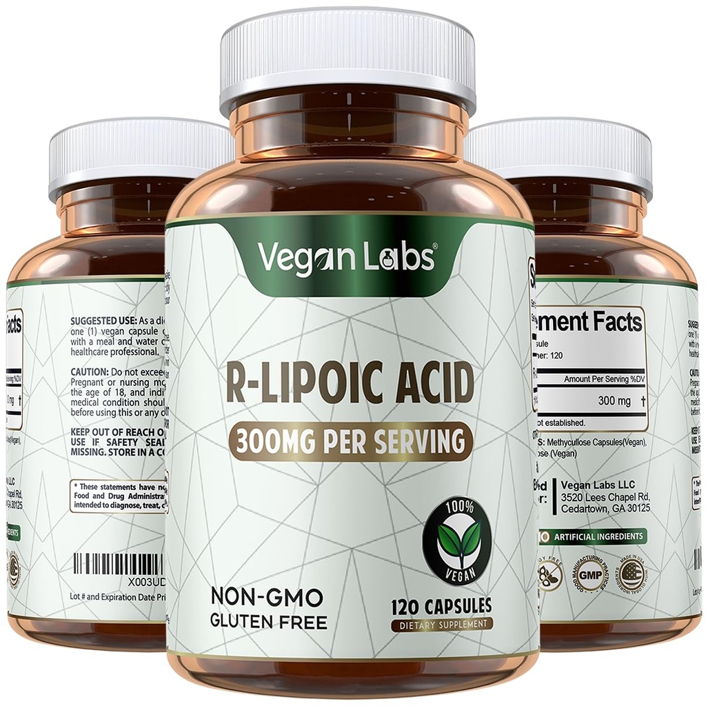 Vegan Labs R- Lipoic Acid 300MG, 120 Vegan Capsules - Podporuje buněčnou energii a antioxidační ochranu - gluten Free, Non- GMO, stabilizované R- ALA Supplementa- 4 Měsíční dodávky