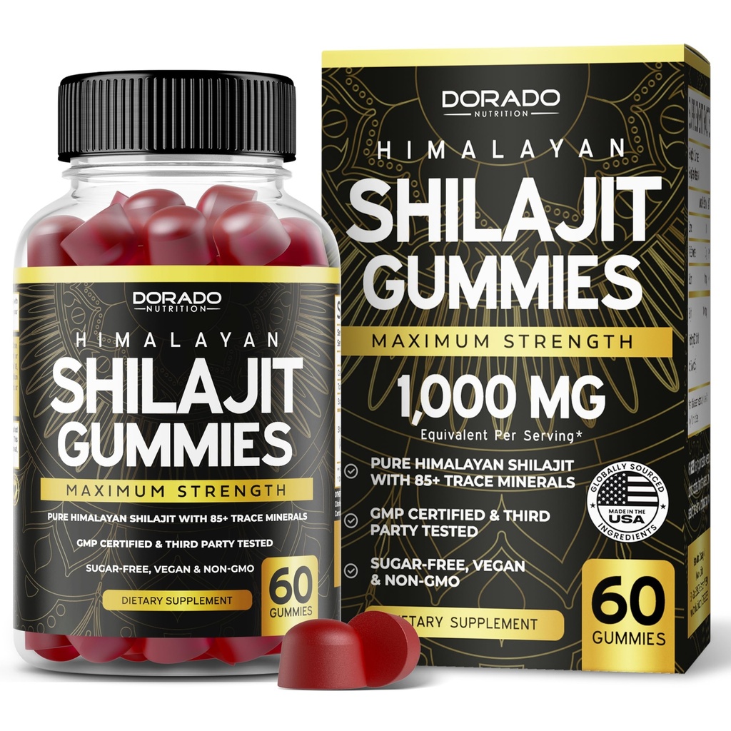 Shilajit Gummies For Men & Women 1000mg (High Potency Gold Class with 85 + Trace Minerals with Fulvic Acid) - Podpora energie a imunity - Testovaná třetí strana, non GMO, Vegan & Made in USA - (60 Gummies)