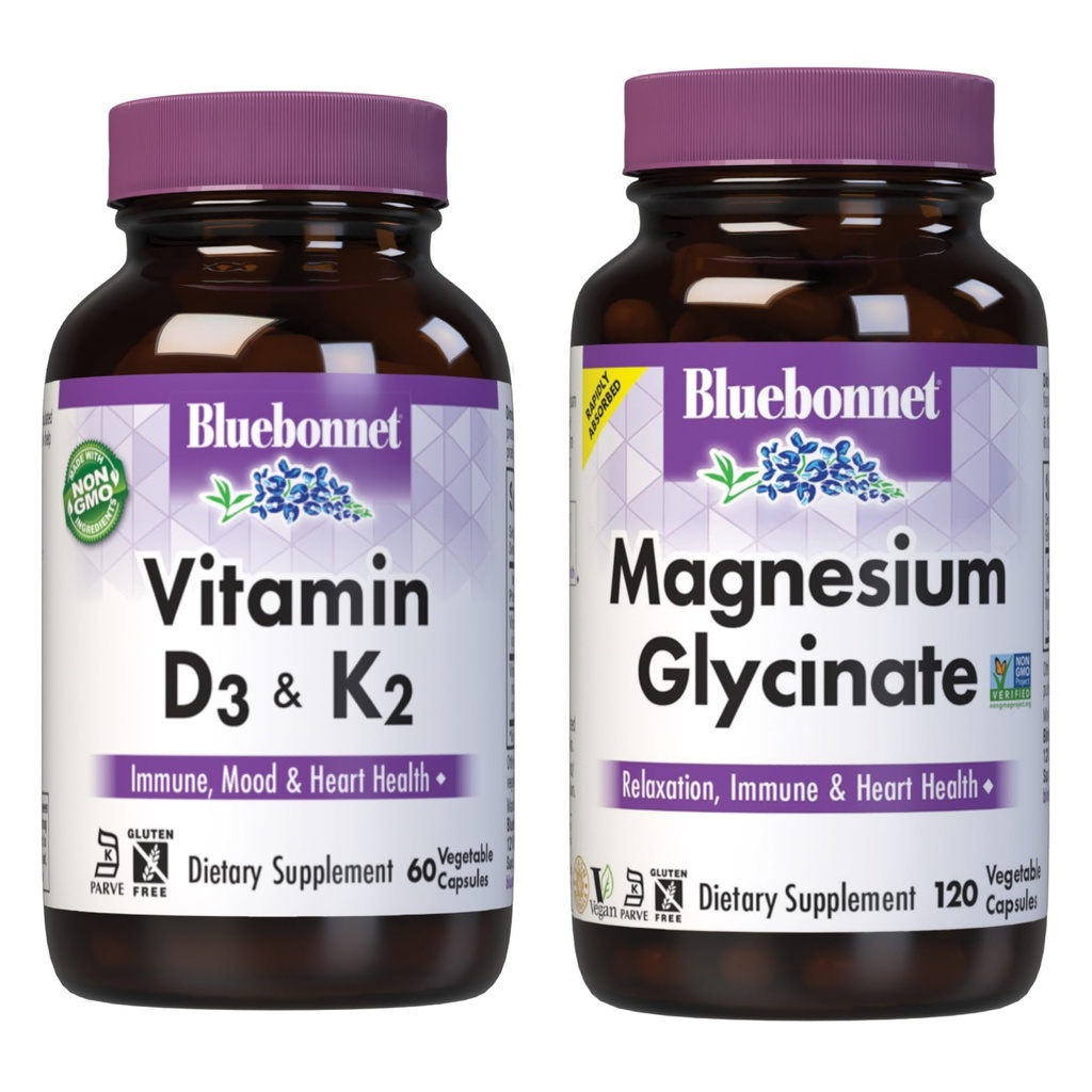 BlueBonnet Nutrition Vitamin D3 a K2, a hořčík Glycinát Rostlinné kapsle Bundle
