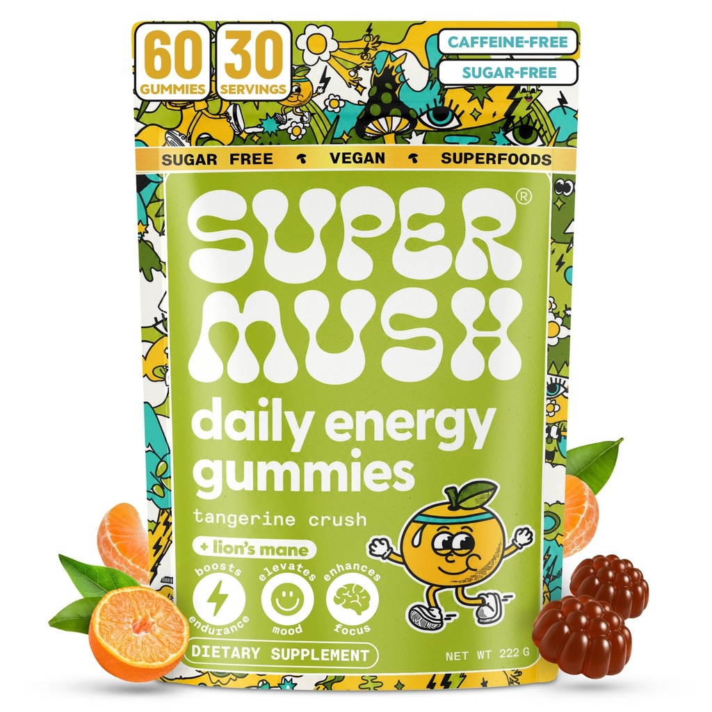 Energy Mushroom Gummies - Organic Lions Mane dodatek s Cordyceps, Rhodiola, L-Theanine, Maca - Vegan & Sugar- Free - Energy, Focus, Stamina, Stress Reduction - 60 Gummies (30 Služeb)