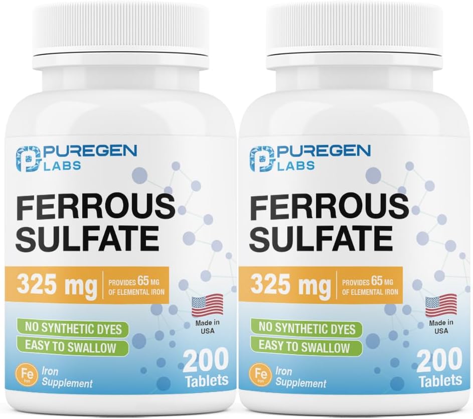 Puregen Labs Ferrous Sulfath 325 mg (65 mg Elemental Iron) High Potency Iron Supplementary 124; Žádné umělé barevné přísady - Celkem 400 Tablety Made in USA