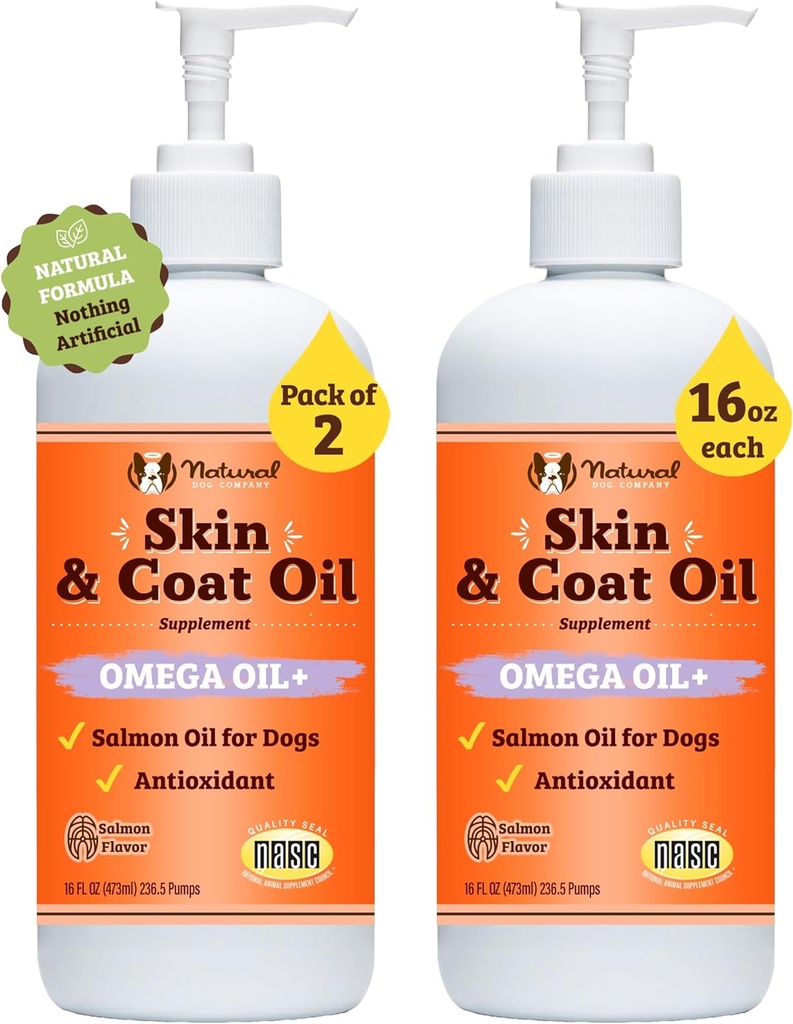 Natural Dog Company 2 Pack - 16 oz. Kůže a Coat Oil, Podporuje zdraví, Rybí olej doplňky pro psy, mastné kyseliny, antioxidant, pro více psí rodiny, Velké plemenné psy, 32 oz. Hodnota
