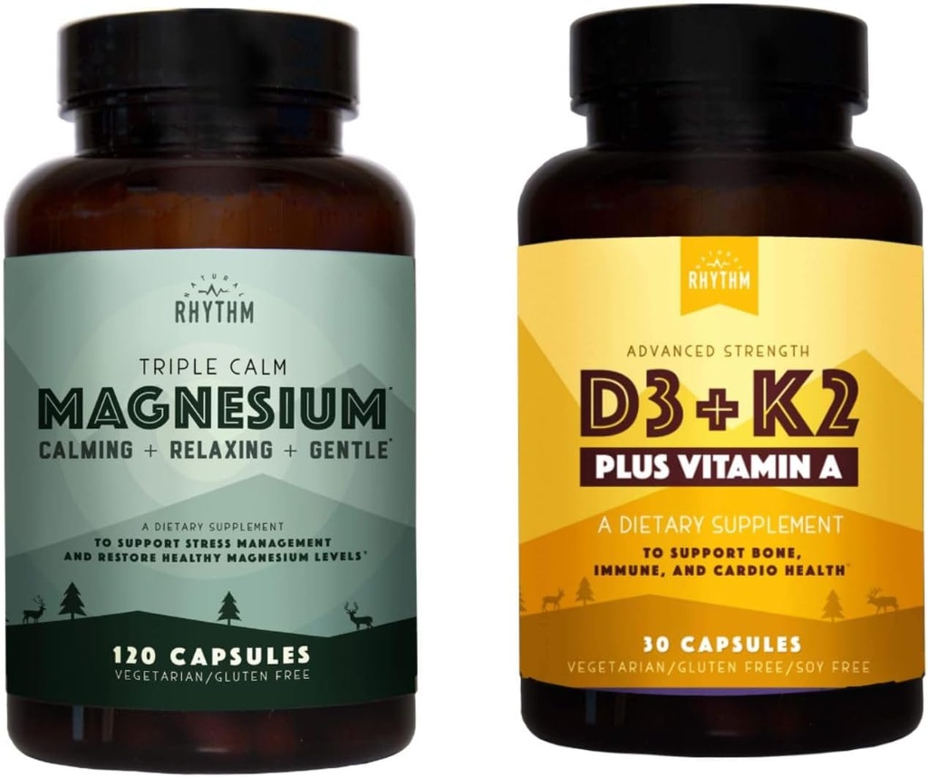 Natural Rhythm Triple Calm Magnesium 150 mg - 120 Kapsle - Komplexní hořčík Compound Dodatek W / Přírodní Rhythm Vitamin D3 + K2 (MK7) Plus Vitamin A, pro kosti, srdce, a imunitní zdraví, 30 Kapsle