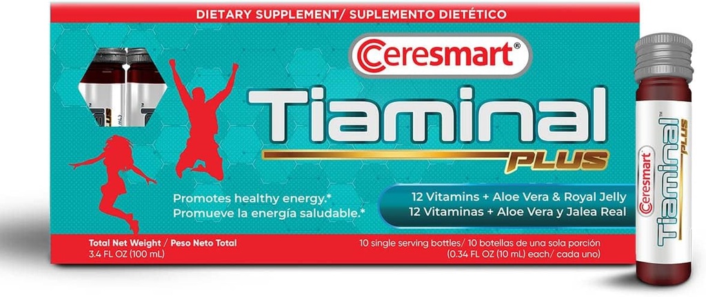 Ceresmart Tiaminal Plus Multivitamin pro ženy a muže - 10 x jednolůžkové lahvičky Liquid Multivitamins Dietní dodatek - Energy Boost vitamínové doplňky s Aloe Vera, Royal Jelly