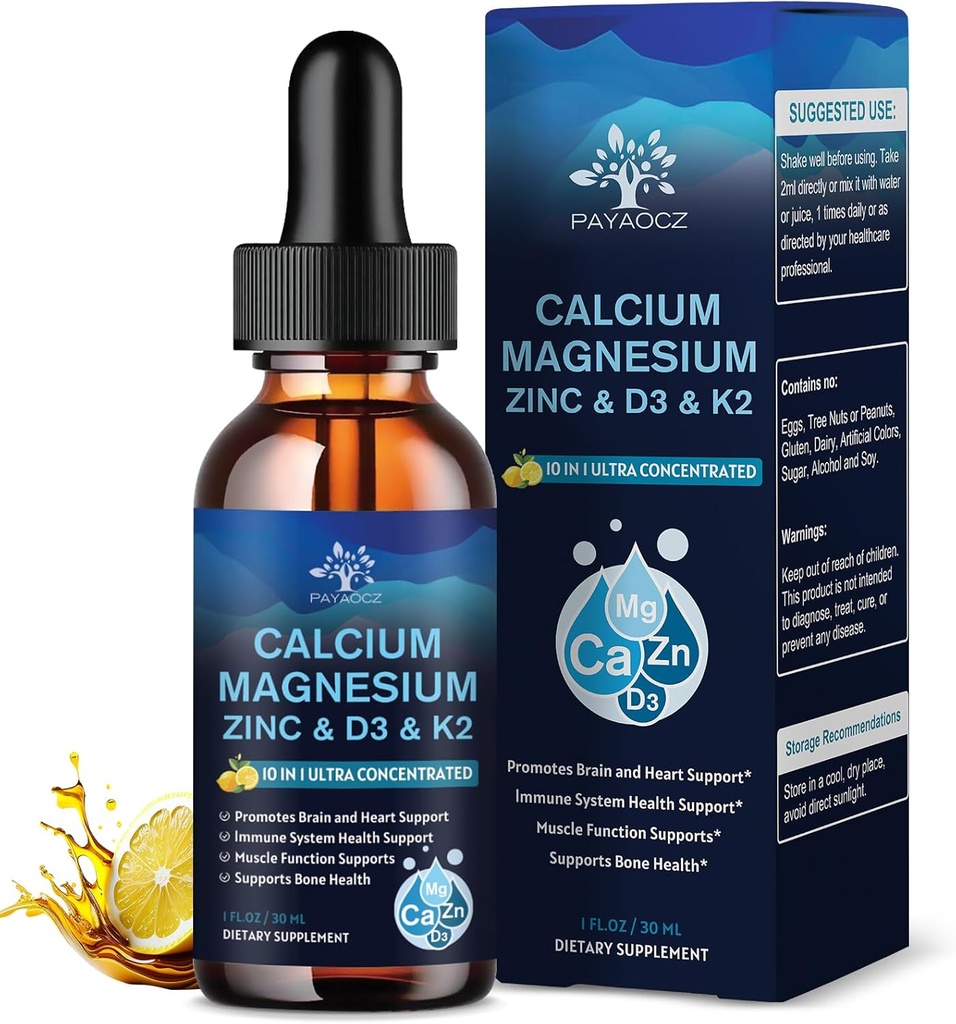 (4 balení) 10 v 1 doplněk hořčíku zinečnatý, Glycinát hořečnatý komplexní kapalné kapky s vitaminem D3 K2 B6, Vegan vápník Citrát kost & imunitní podpora zdraví, spánek & křeče, Boron, 1 Fl Oz