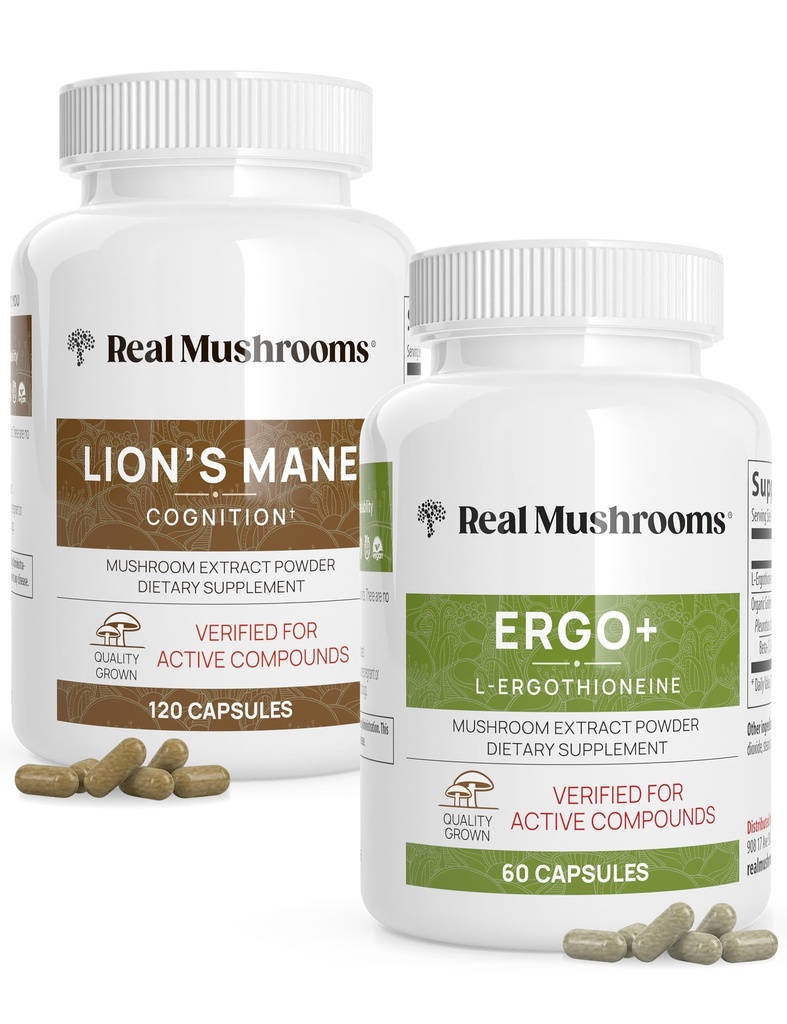 Ergothioneine (60ct) a Lions Mane (120ct) Bundle s Shiitake a Oyster Mushroom Extracts - Longevity and Cognition - Vegan, Gluten Free, Non- GMO