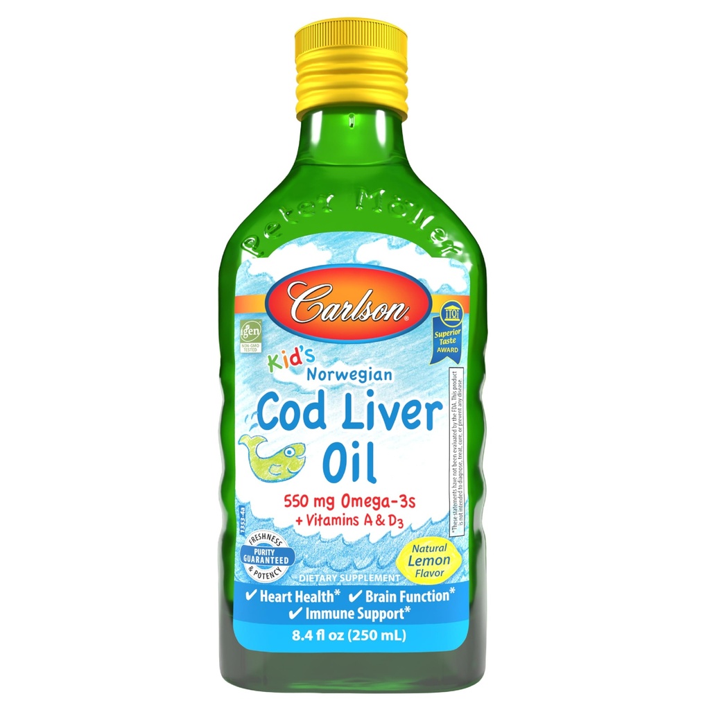 Carlson - Kid 's Cod Jaterní olej, 550 mg Omega-3s, Vitamíny A & D3, Wild Norsky, Lemon, 250 ml