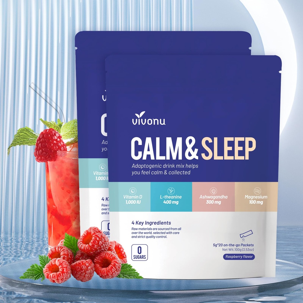 Vivonu klid a spánek Práškový nápoj Mix Raspberry L Theanine Ksm- 66 Ashwagandha Magnesium Glycinát vitamín D 3 Doplňky pro relaxaci a soustředění Ne cukr Non GMO