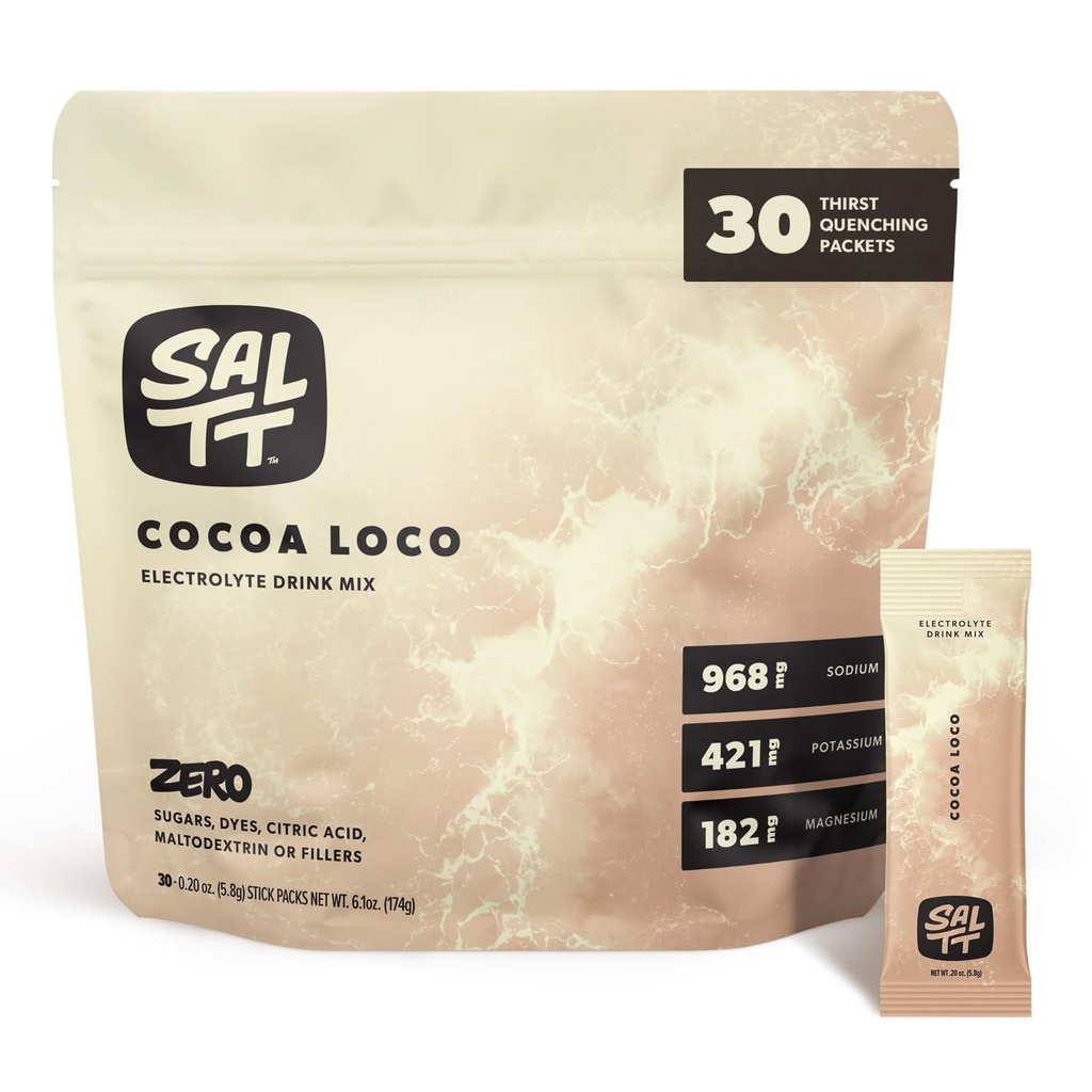 SALTT Electrolytes Powder Ochucený nápoj Mix - kakao Loco - 30 Hydratační balíčky - hořčík, draslík, sodík, stopové minerály - Nulový cukr & gluten zdarma - Cestování Essentials