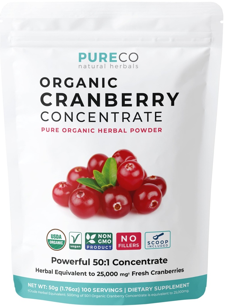 USDA Organic Cranberry Concentrate (50: 1) Powder - 500mg je ekvivalentní 25,000mg čerstvých Cranberry - Vitamíny na podporu ledvin a UTI - Ženy - Doplněk - 100 Servings - No Pills