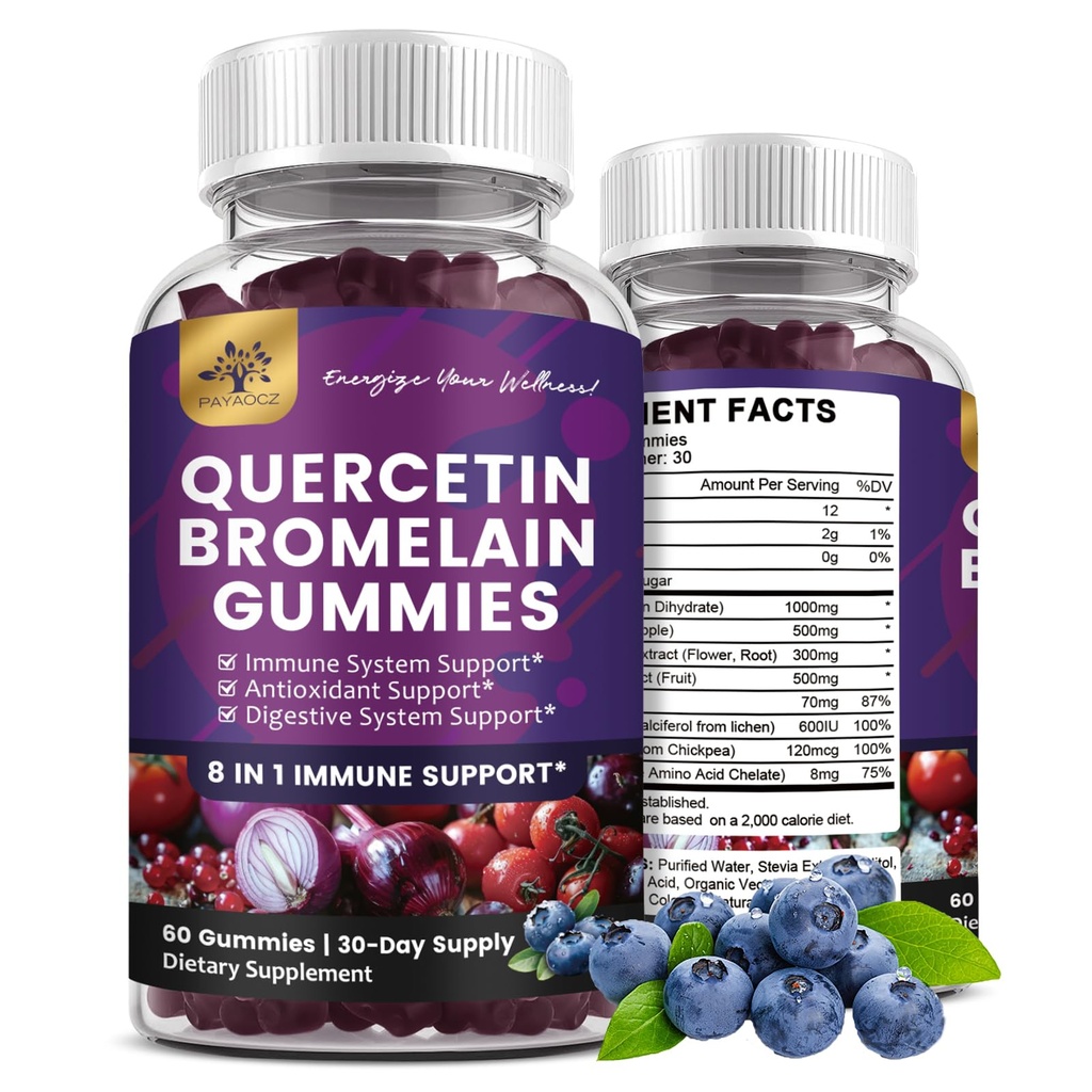 (2 Pack) Quercetin Gummies s bromelain zinek Elderberry Vitamin C D3 K2, Quercetin 1000mg doplněk s Bromelain 500mg pro kardiovaskulární, imunitní systém a alergie, Vegan Gummy pro dospělé a děti