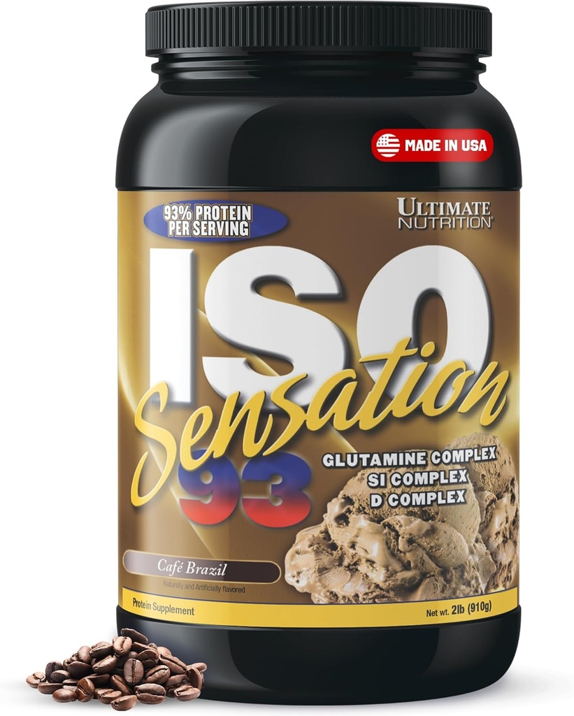 Ultimate Nutrition Whey Protein Isolate Powder with Glutamine Complex, ISO Sensation 93 - Syrovátka Protein Powder with Added Colostrum for Enhanced Recovery, Immunity & Gut Health - Cafe Brazil, 2lbs