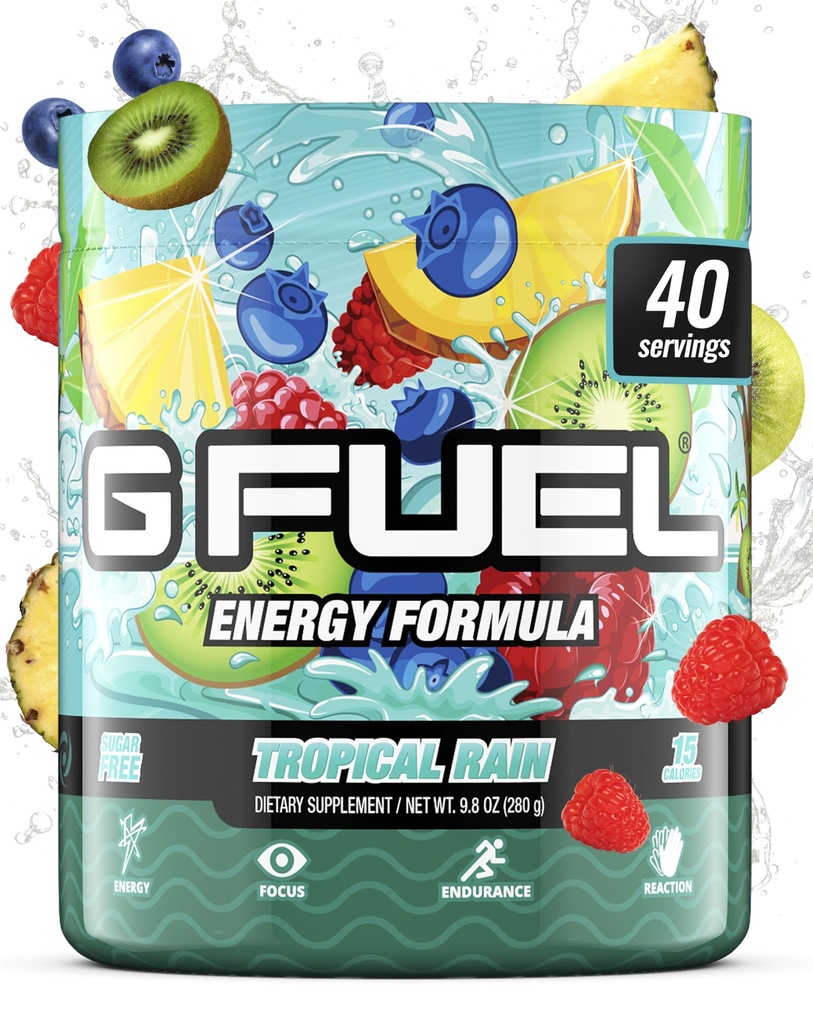 G Palivo Tropical Rain Energy Drink Powder, Pre Workout Kofein Mix pro hraní her, Cukr Free Focus Amino, Vitamin + Antioxidanty, 9.8oz (Ovoce Medley, 40 Služeb)